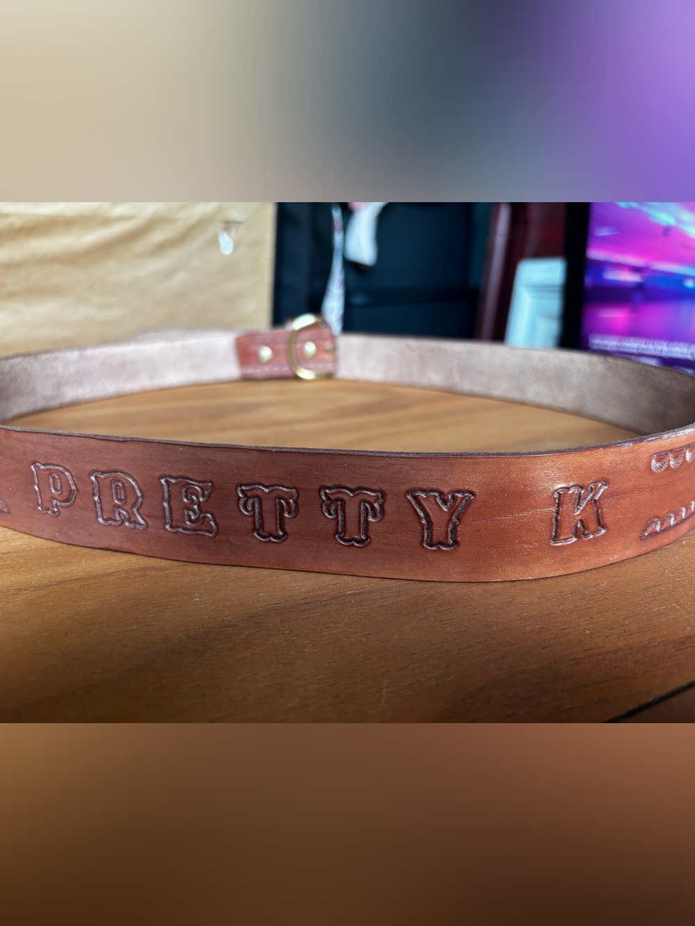 VTGHand-Tooled Leather Western Belt "PRETTY K" Brass Buckle Size 45 Fits 43”-47”